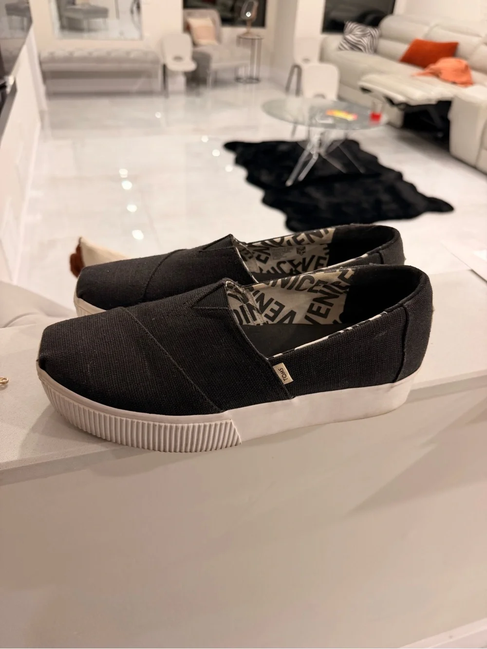 TOMS Alpargata Boardwalk Black Heritage Canvas Platform Slip-Ons - Size 9.5